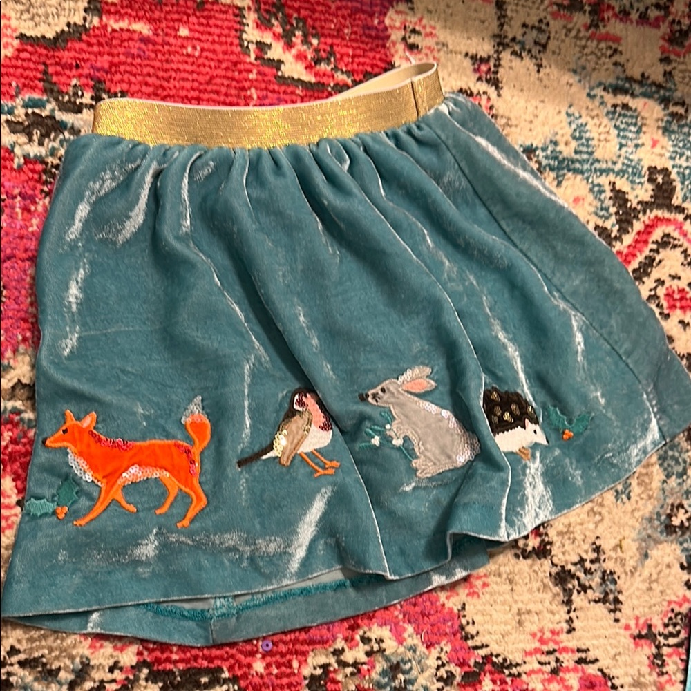 Mini Boden Blue and Orange Velvet Skirt with Woodland Animal Embroidered Design